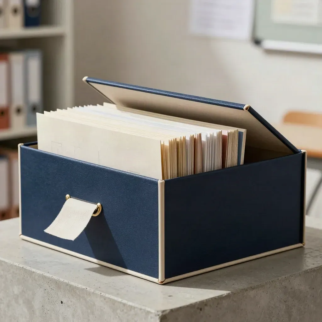 Navy box z materiałami dla edukatora, kartami i lnianą zakładką na betonowym postumencie.
